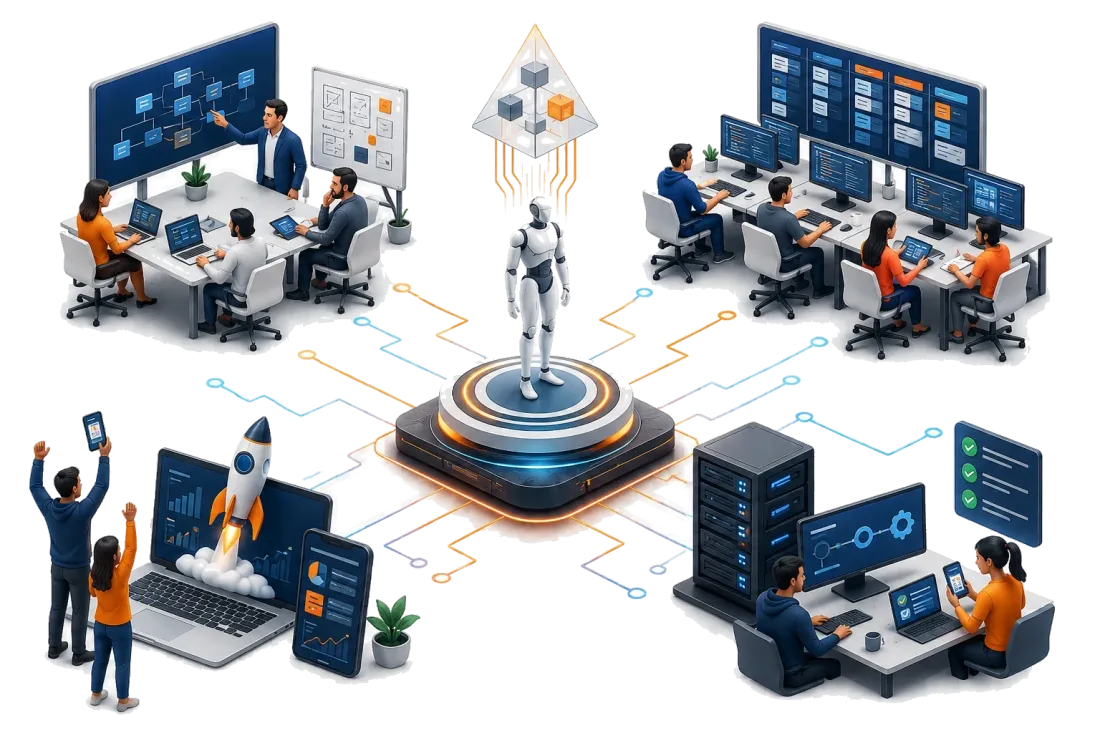 Ethereal Softech's delivery process in four phases: discovery workshop, development team at work, deployment and QA, and product launch